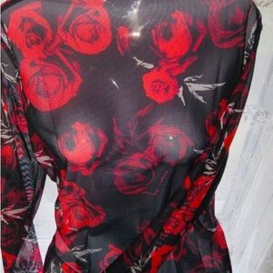 Elegant Long Sleeve Floral Print Mesh shirt Women's New! XL
